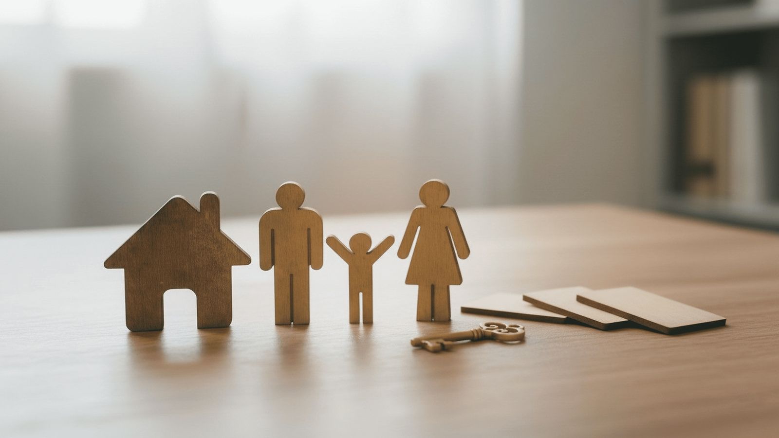 Small wooden house, family figures and a house key on a table